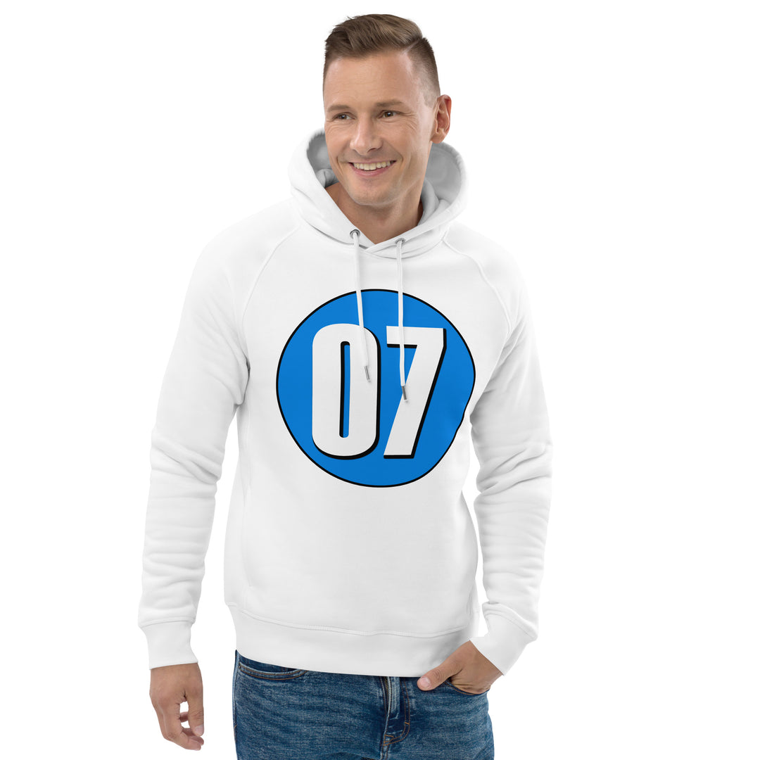 Unisex pullover hoodie: White on Blue 07