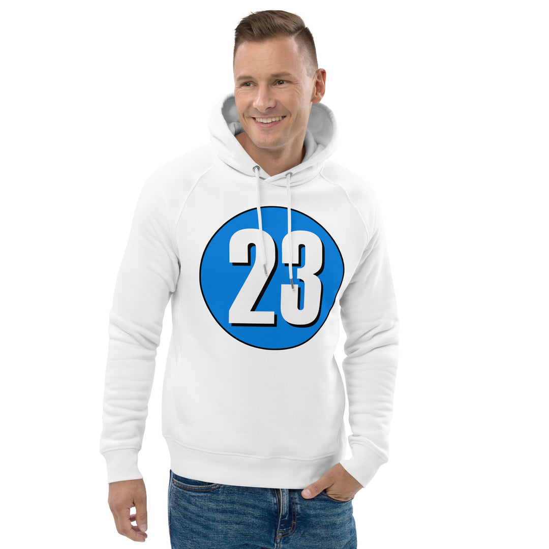 Unisex pullover hoodie: White on Blue 23