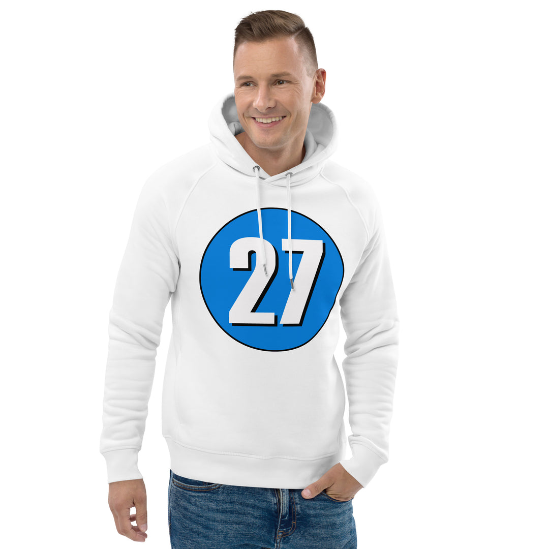 Unisex pullover hoodie: White on Blue 27