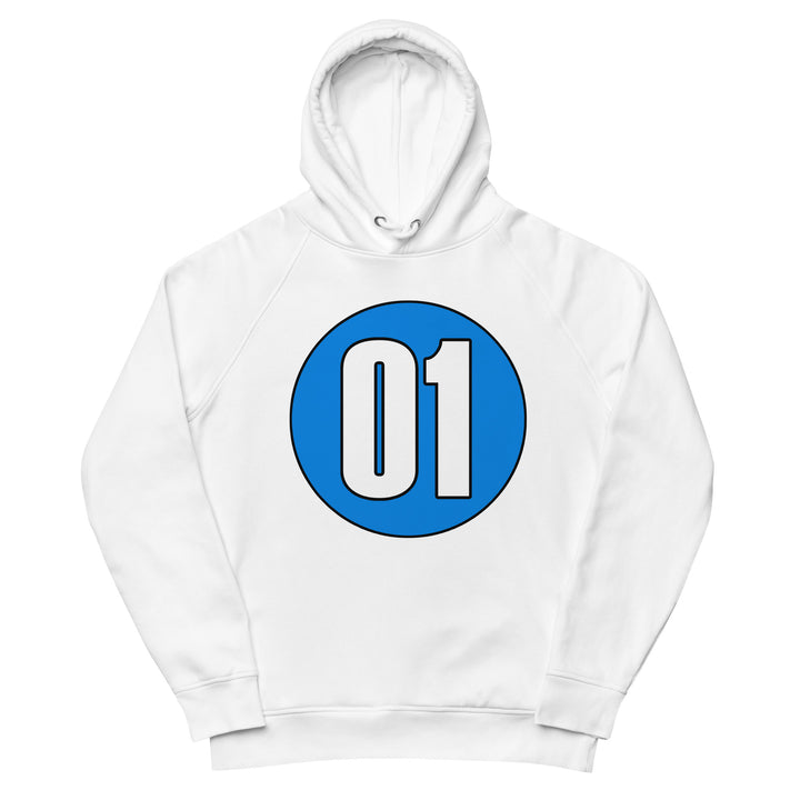 Unisex pullover hoodie: White on Blue 01