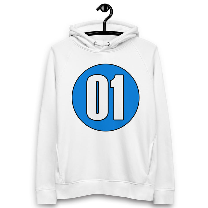 Unisex pullover hoodie: White on Blue 01