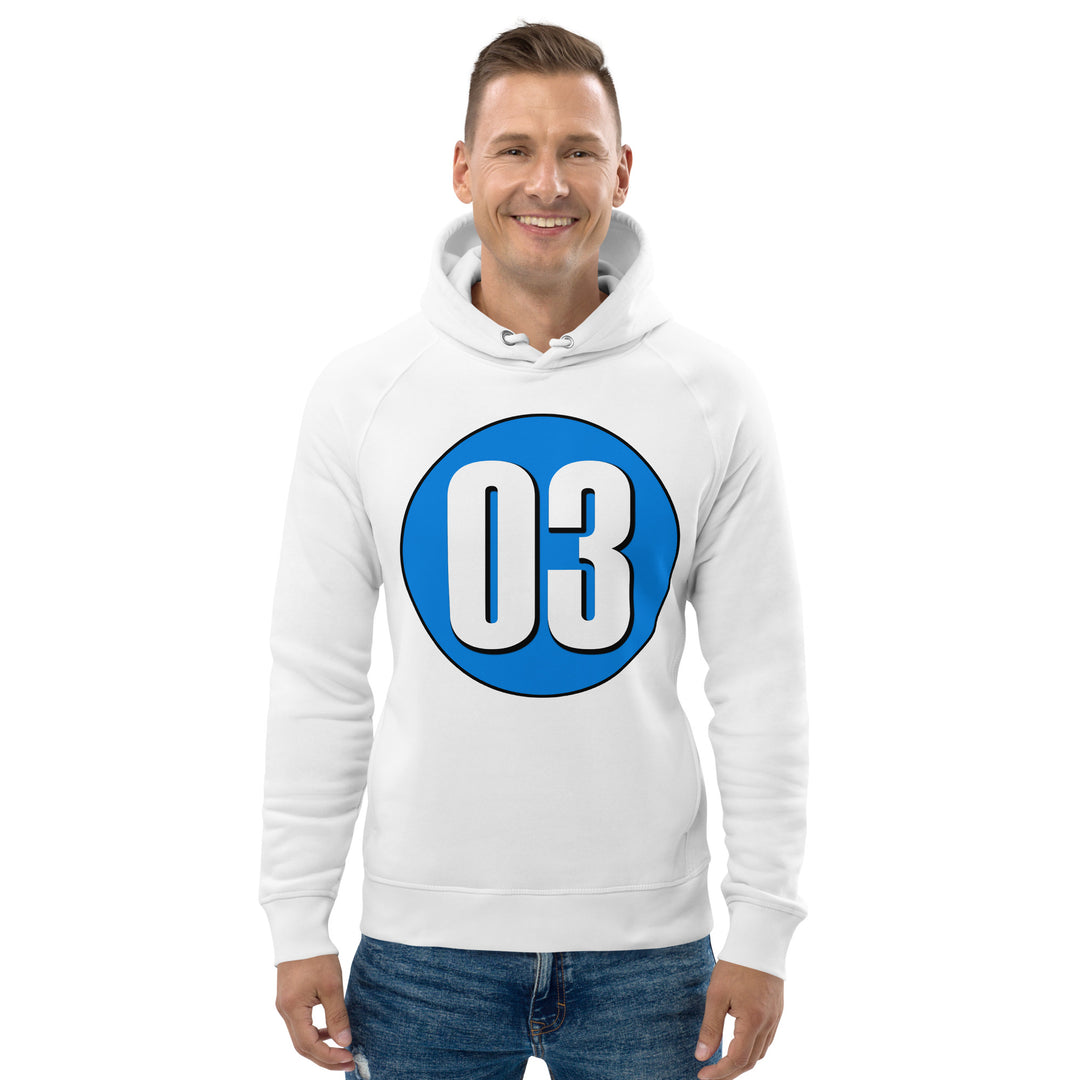 Unisex pullover hoodie: White on Blue 03