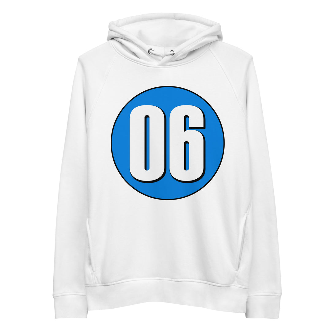 Unisex pullover hoodie: White on Blue 06