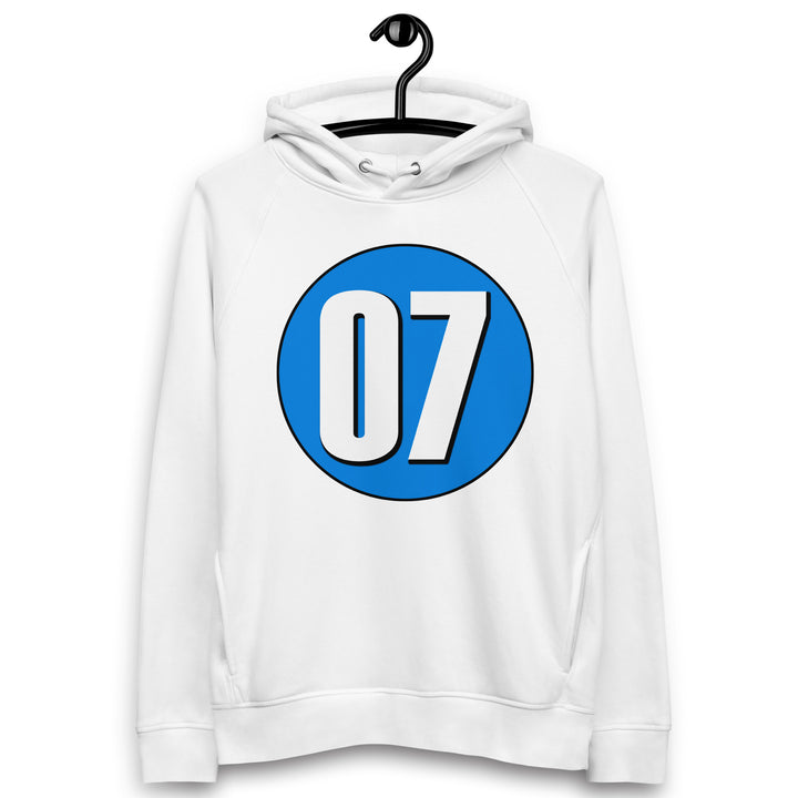 Unisex pullover hoodie: White on Blue 07