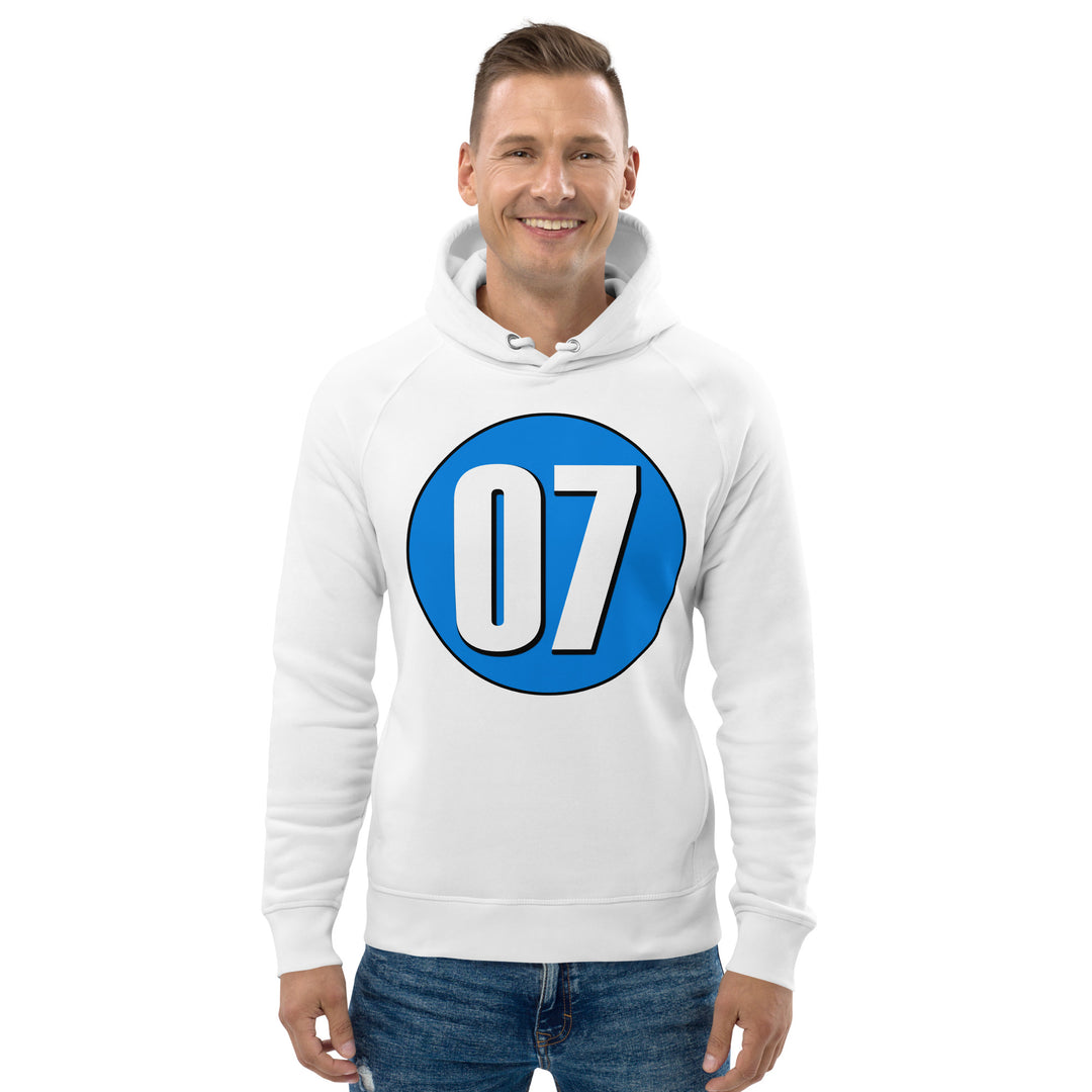 Unisex pullover hoodie: White on Blue 07