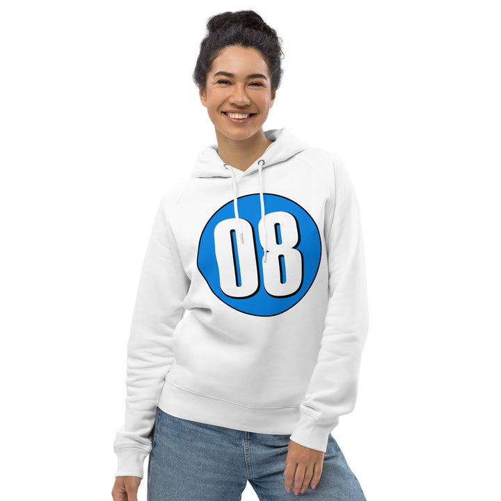 Unisex pullover hoodie: White on Blue 08