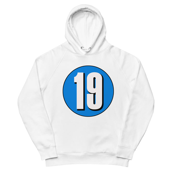 Unisex pullover hoodie: White on Blue 19