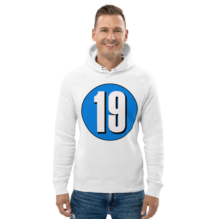 Unisex pullover hoodie: White on Blue 19