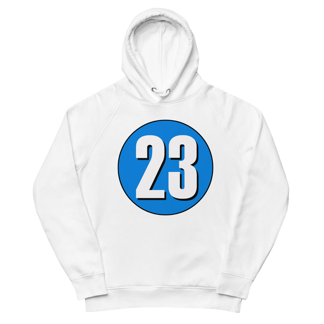 Unisex pullover hoodie: White on Blue 23