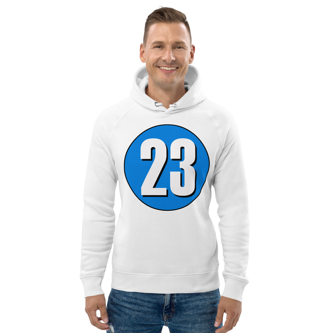 Unisex pullover hoodie: White on Blue 23