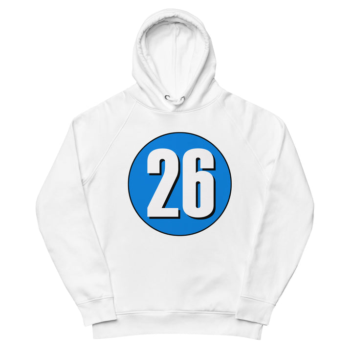 Unisex pullover hoodie: White on Blue 26