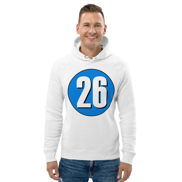 Unisex pullover hoodie: White on Blue 26