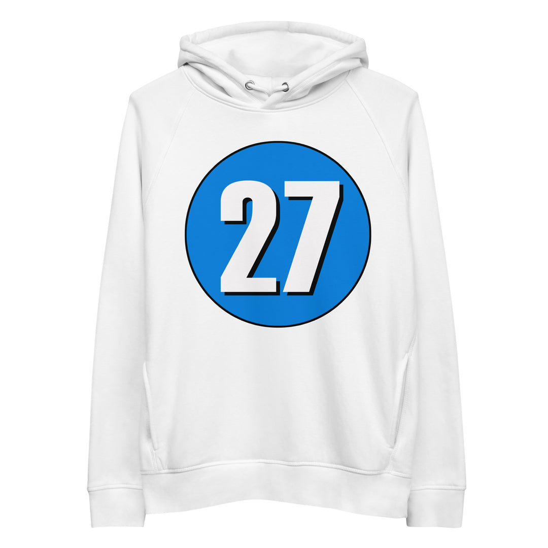 Unisex pullover hoodie: White on Blue 27