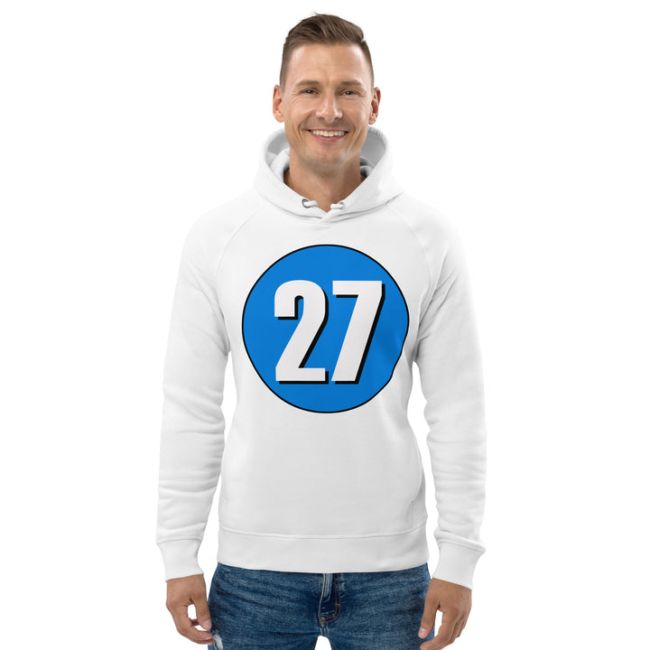 Unisex pullover hoodie: White on Blue 27