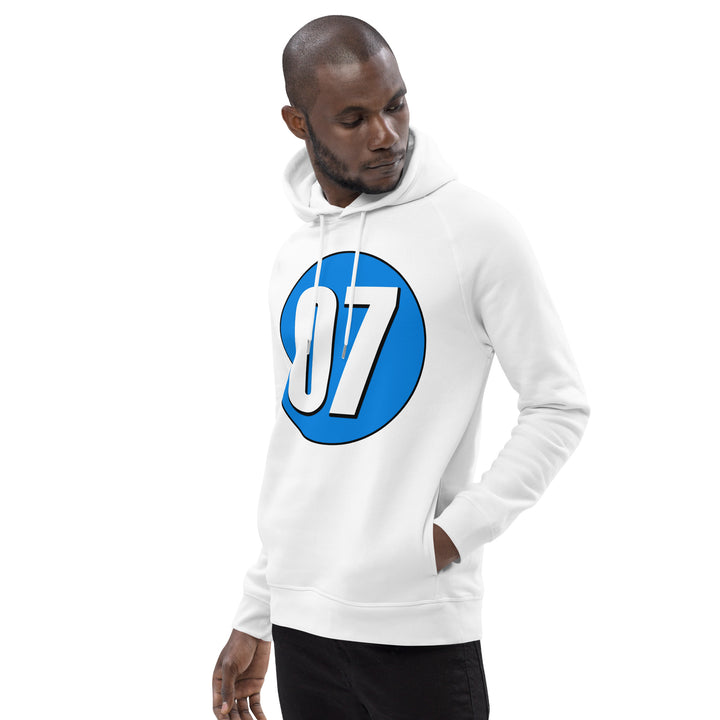 Unisex pullover hoodie: White on Blue 07