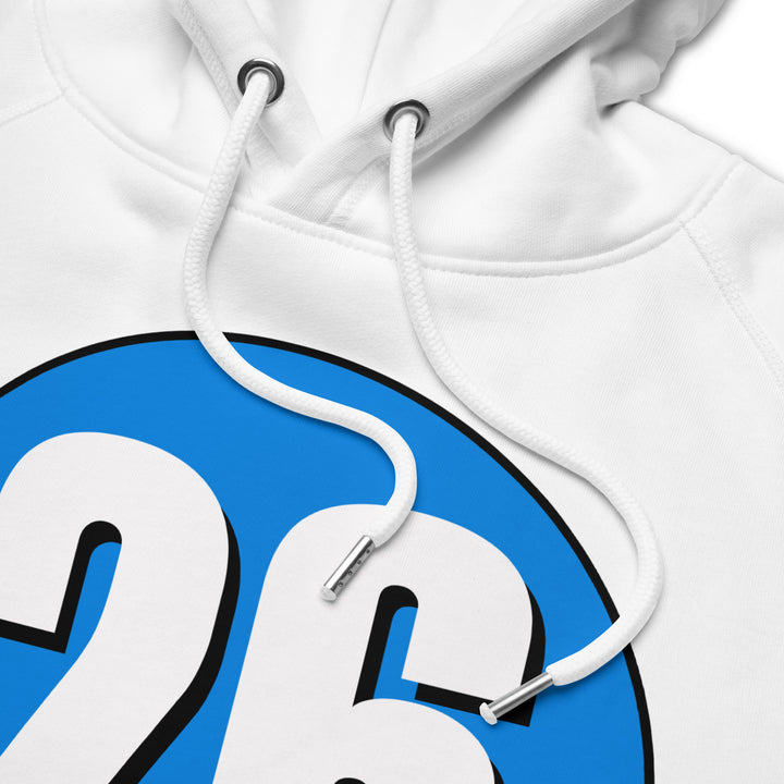 Unisex pullover hoodie: White on Blue 26