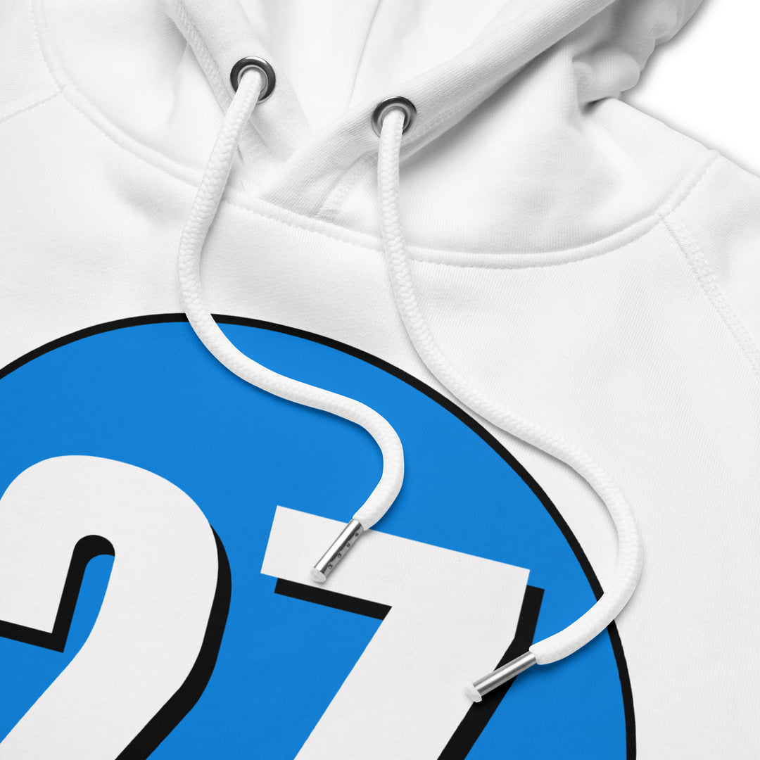 Unisex pullover hoodie: White on Blue 27