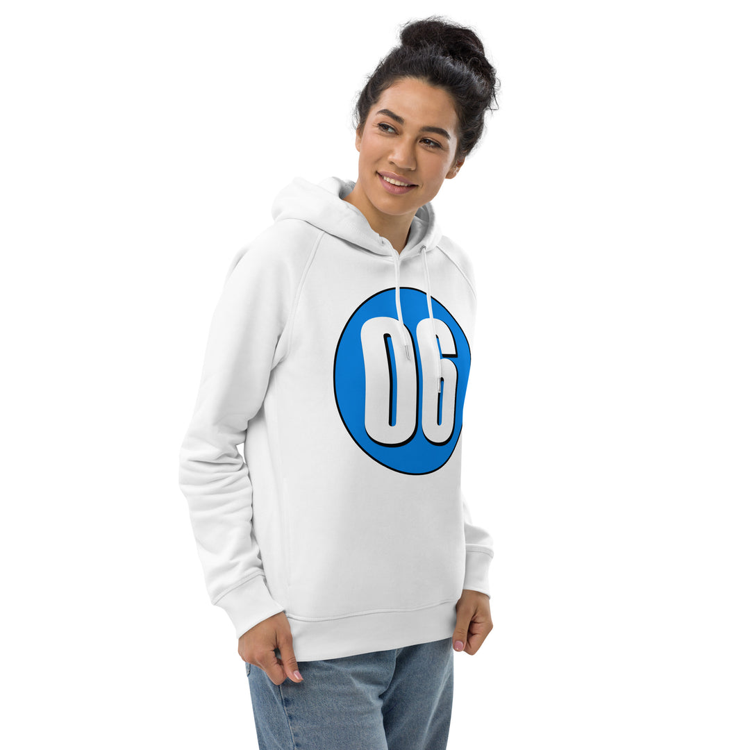 Unisex pullover hoodie: White on Blue 06