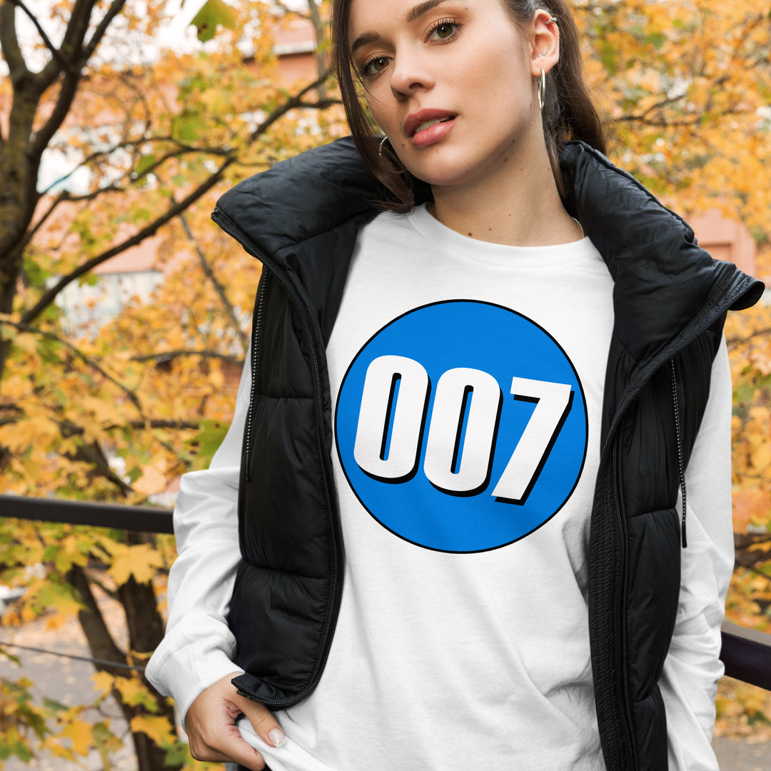 Unisex Long Sleeve Tee: White on Blue 007