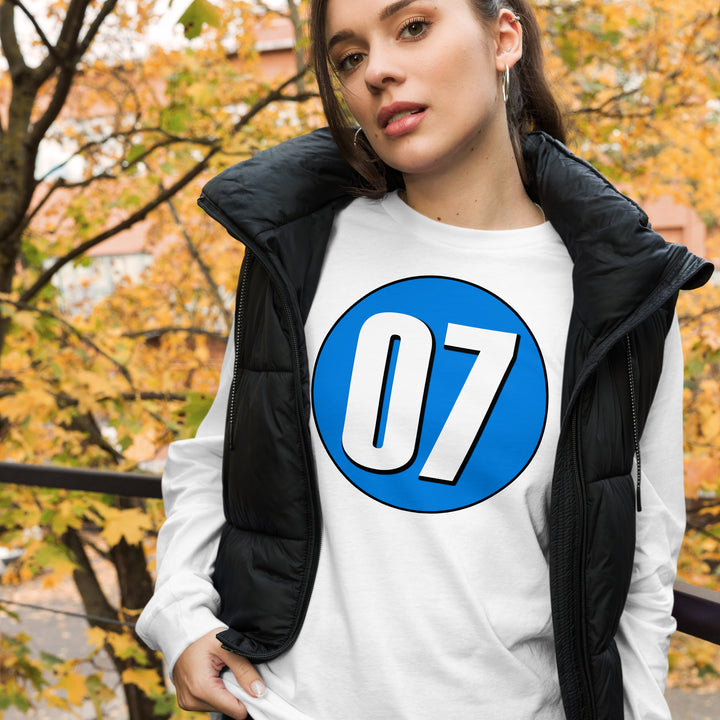 Unisex Long Sleeve Tee: White on Blue 07