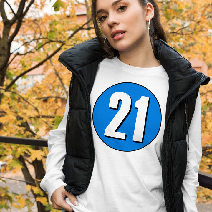 Unisex Long Sleeve Tee: White on Blue 21