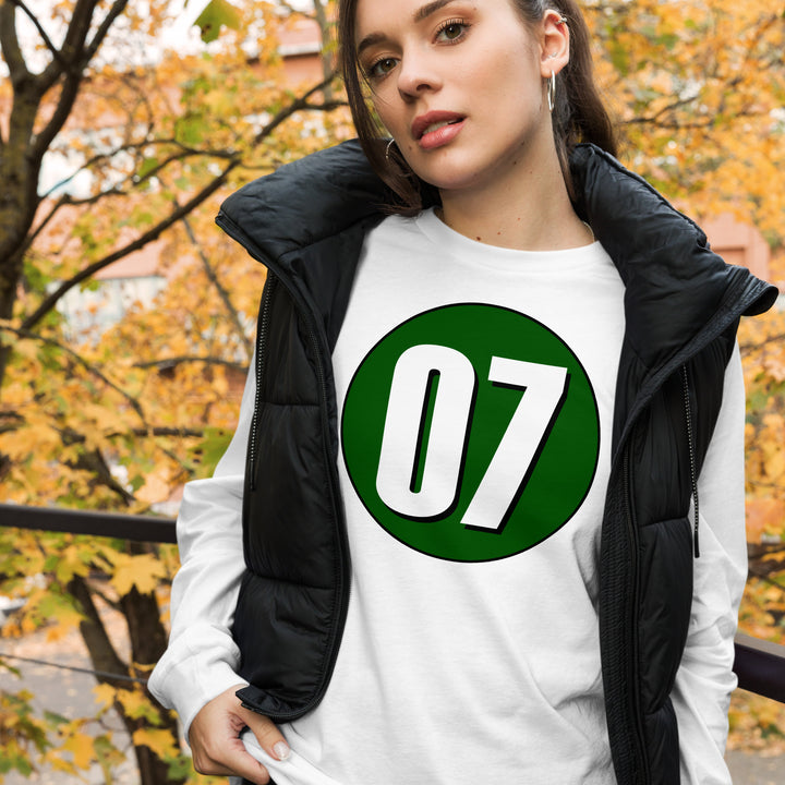 Unisex Long Sleeve Tee: White on Hunter Green 07