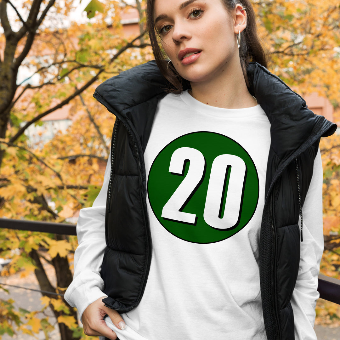 Unisex Long Sleeve Tee: White on Hunter Green 20