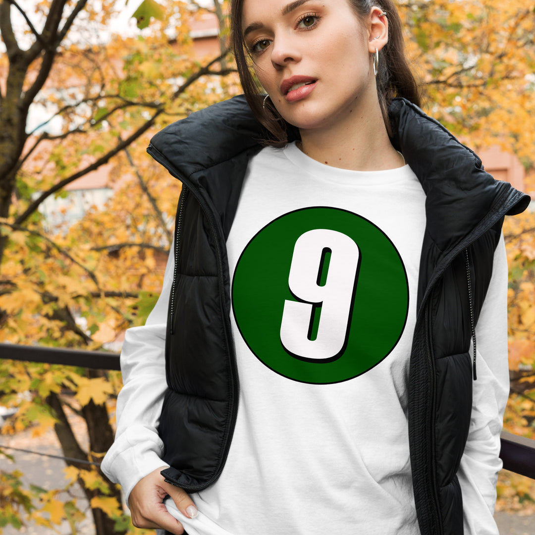 Unisex Long Sleeve Tee: White on Hunter Green 9