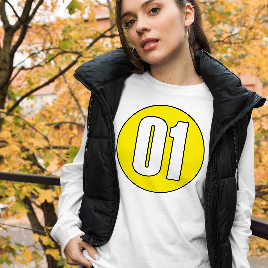 Unisex Long Sleeve Tee: White on Yellow 01