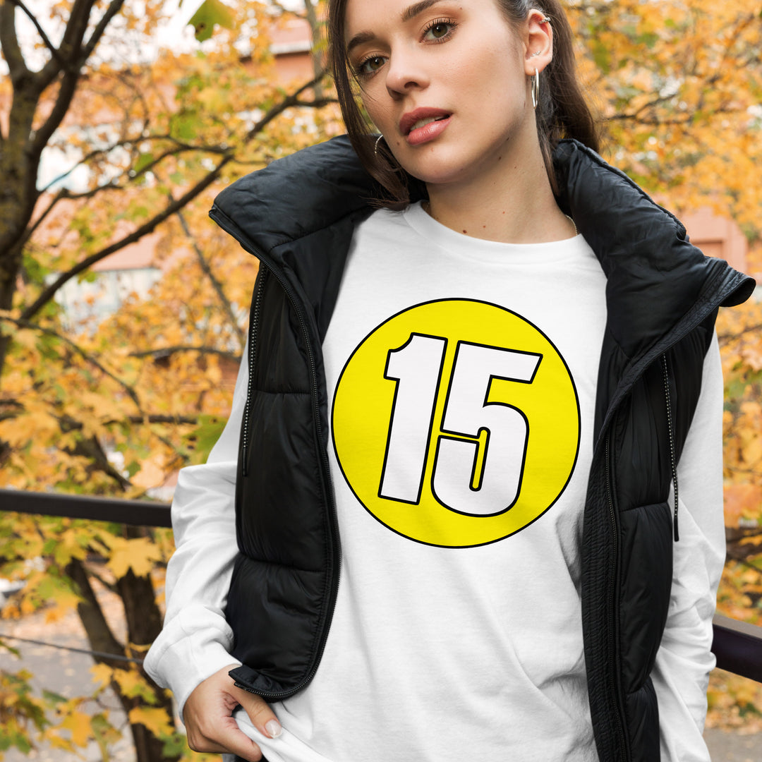 Unisex Long Sleeve Tee: White on Yellow 15