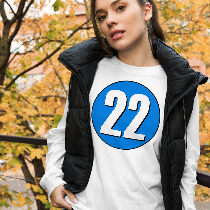 Unisex Long Sleeve Tee: White on Blue 22