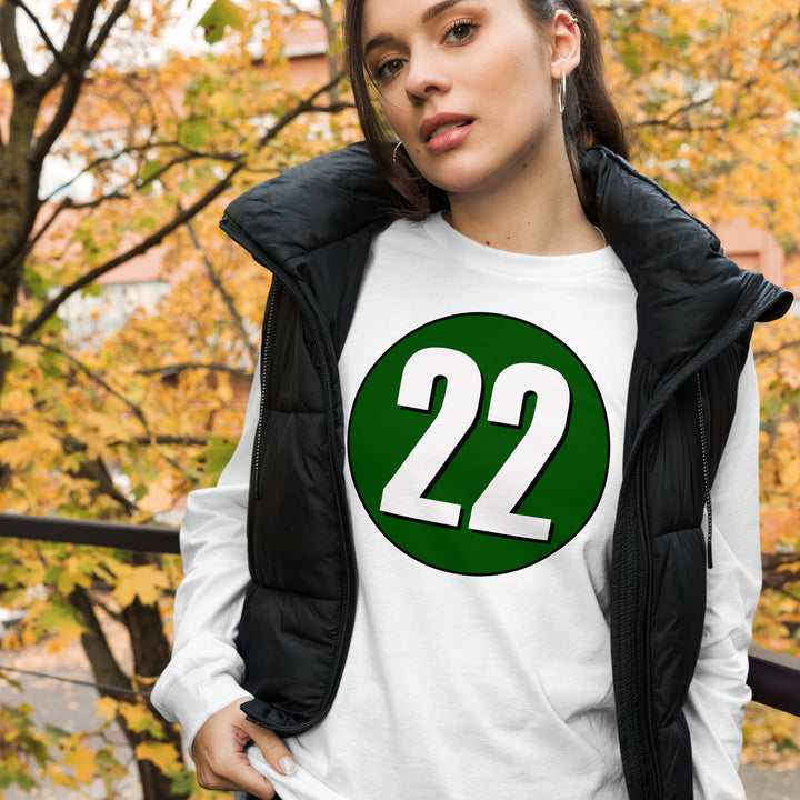 Unisex Long Sleeve Tee: White on Hunter Green 22