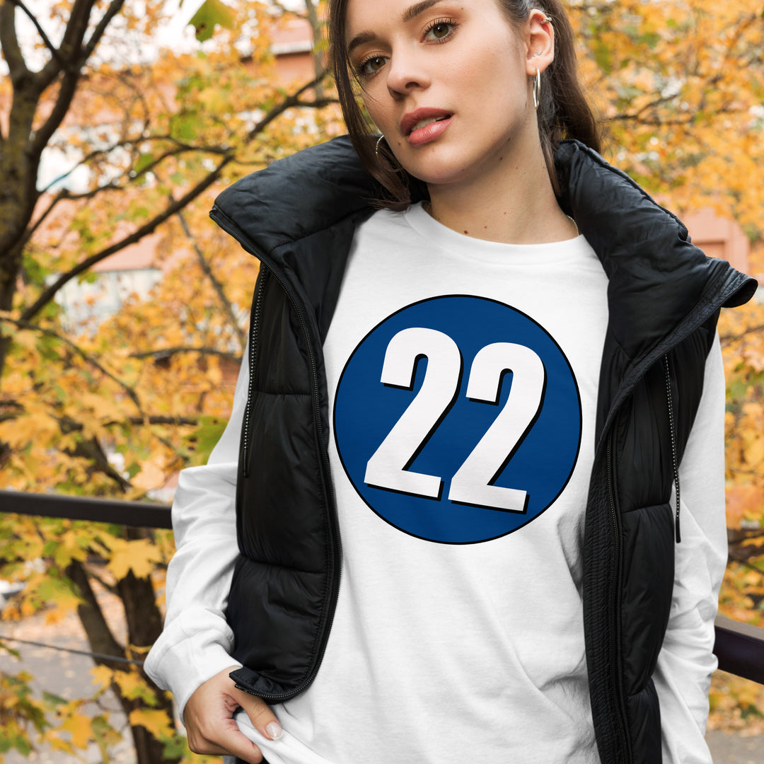 Unisex Long Sleeve Tee: White on Navy Blue 22