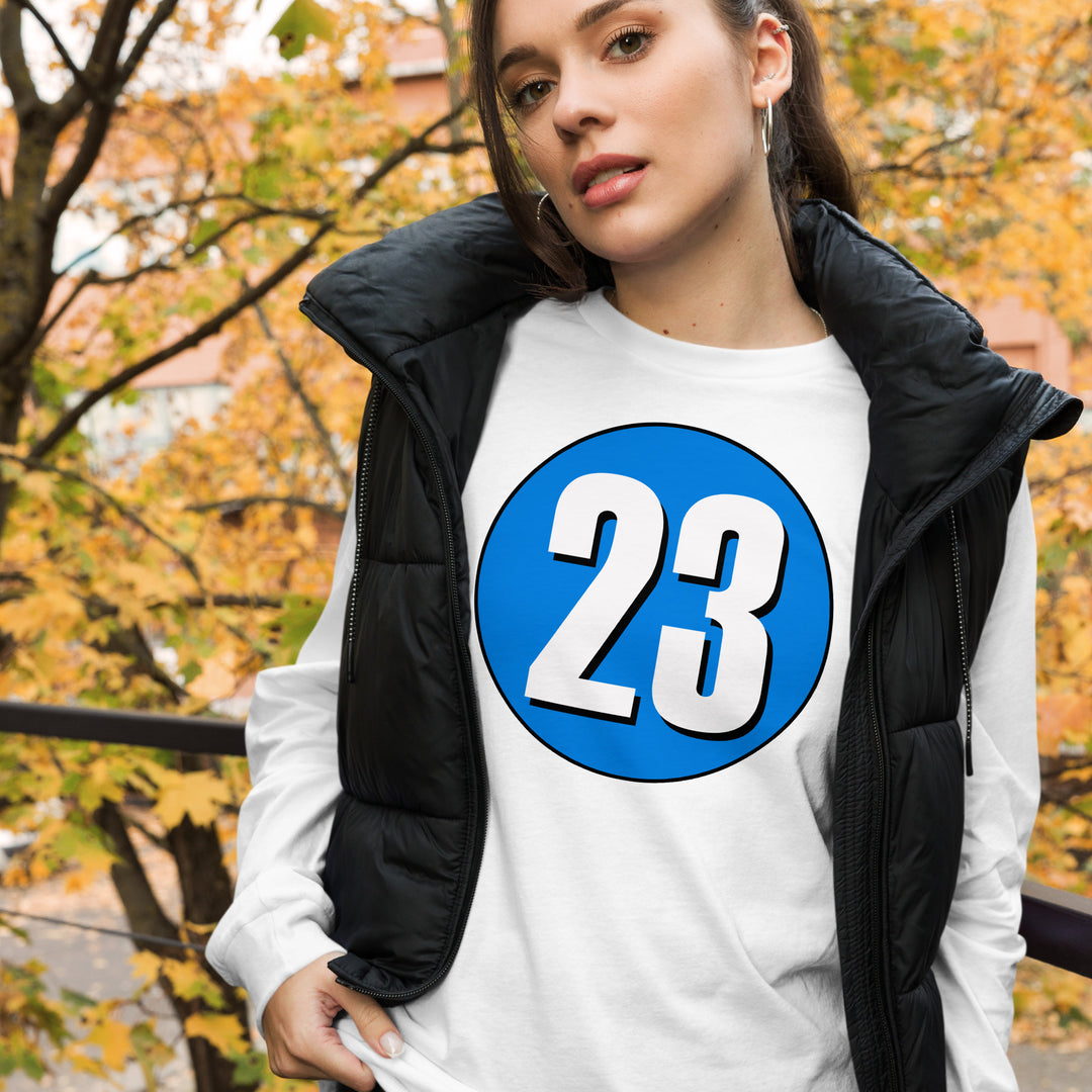 Unisex Long Sleeve Tee: White on Blue 23