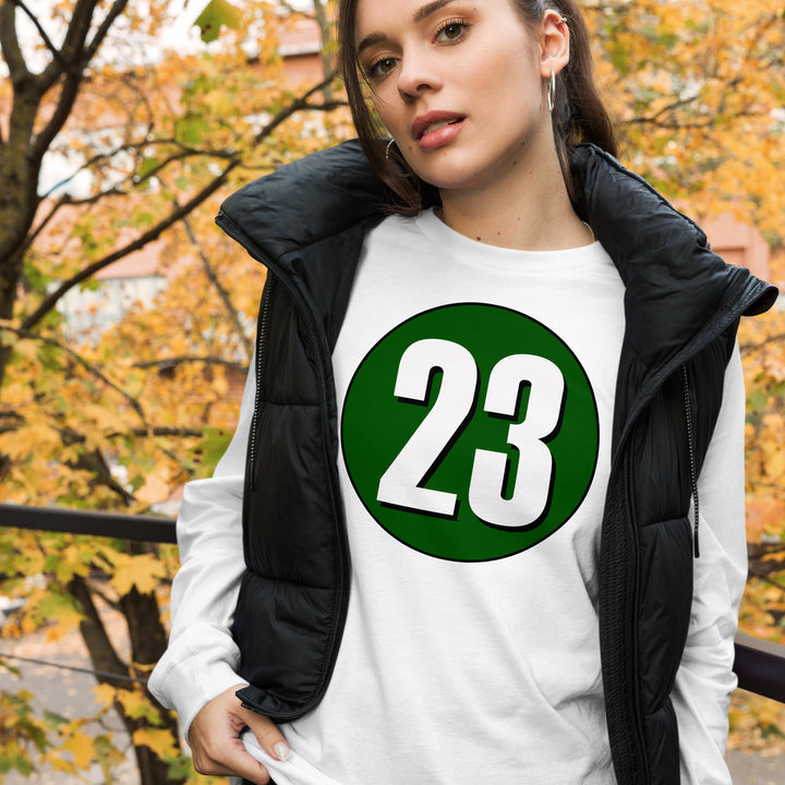 Unisex Long Sleeve Tee: White on Hunter Green 23