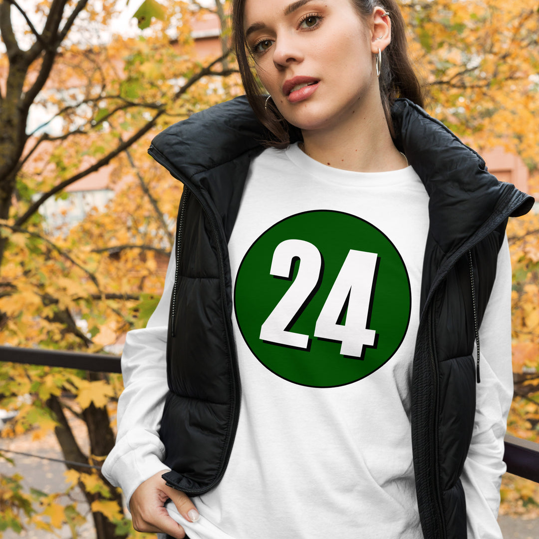 Unisex Long Sleeve Tee: White on Hunter Green 24