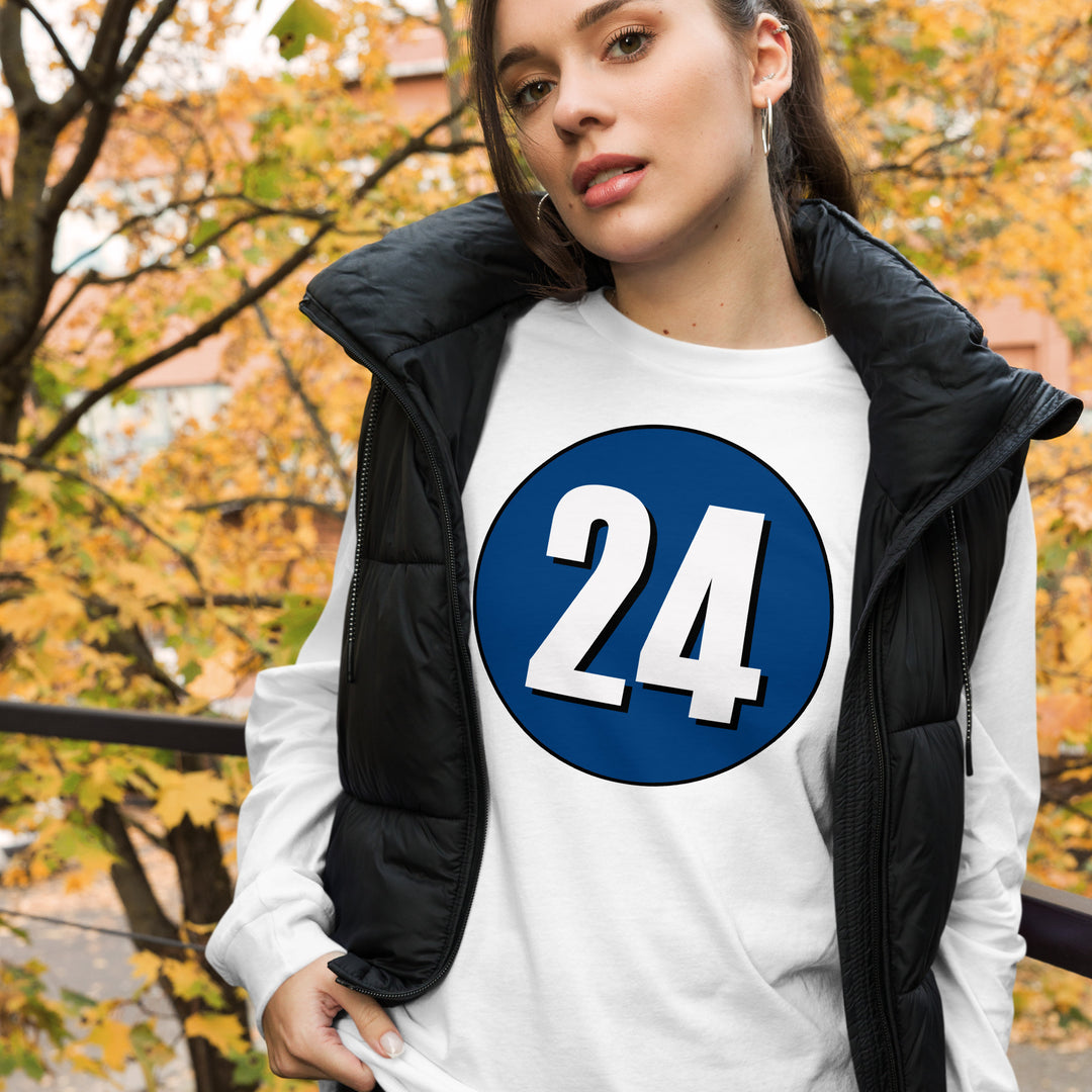 Unisex Long Sleeve Tee: White on Navy Blue 24