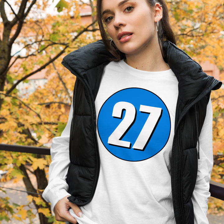 Unisex Long Sleeve Tee: White on Blue 27