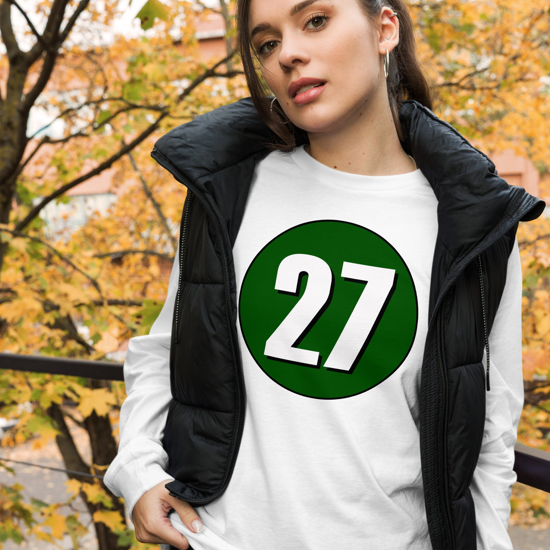 Unisex Long Sleeve Tee: White on Hunter Green 27