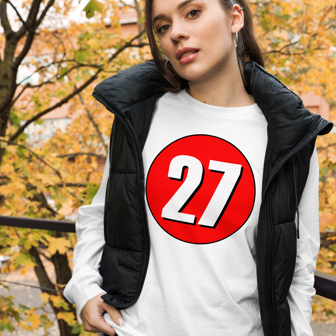 Unisex Long Sleeve Tee: White on Red 27