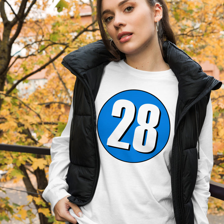 Unisex Long Sleeve Tee: White on Blue 28