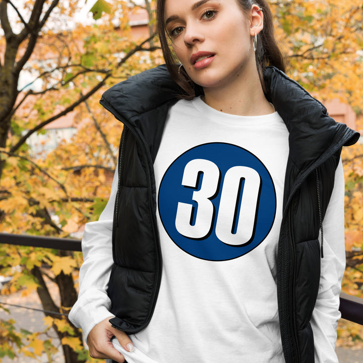 Unisex Long Sleeve Tee: White on Navy Blue 30