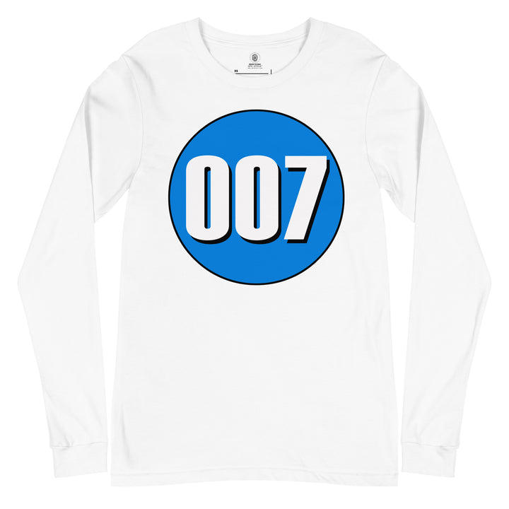 Unisex Long Sleeve Tee: White on Blue 007