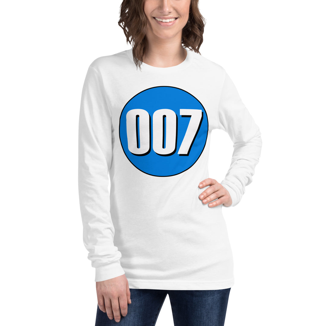 Unisex Long Sleeve Tee: White on Blue 007