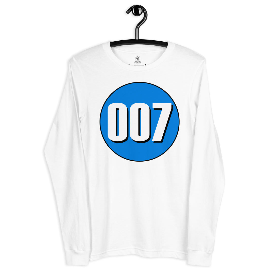 Unisex Long Sleeve Tee: White on Blue 007