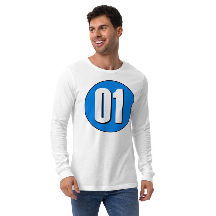 Unisex Long Sleeve Tee: White on Blue 01