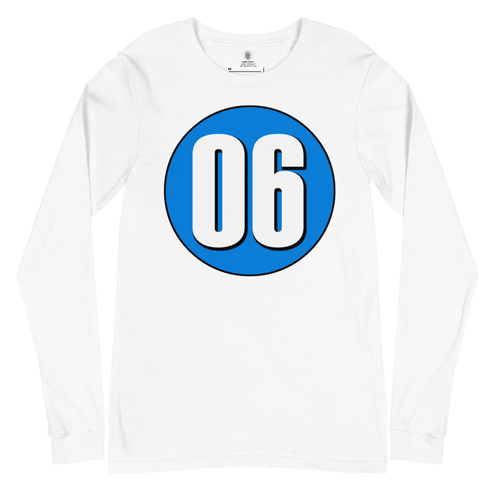 Unisex Long Sleeve Tee: White on Blue 06