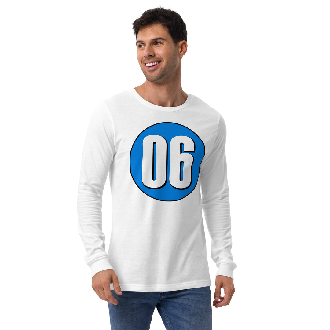 Unisex Long Sleeve Tee: White on Blue 06