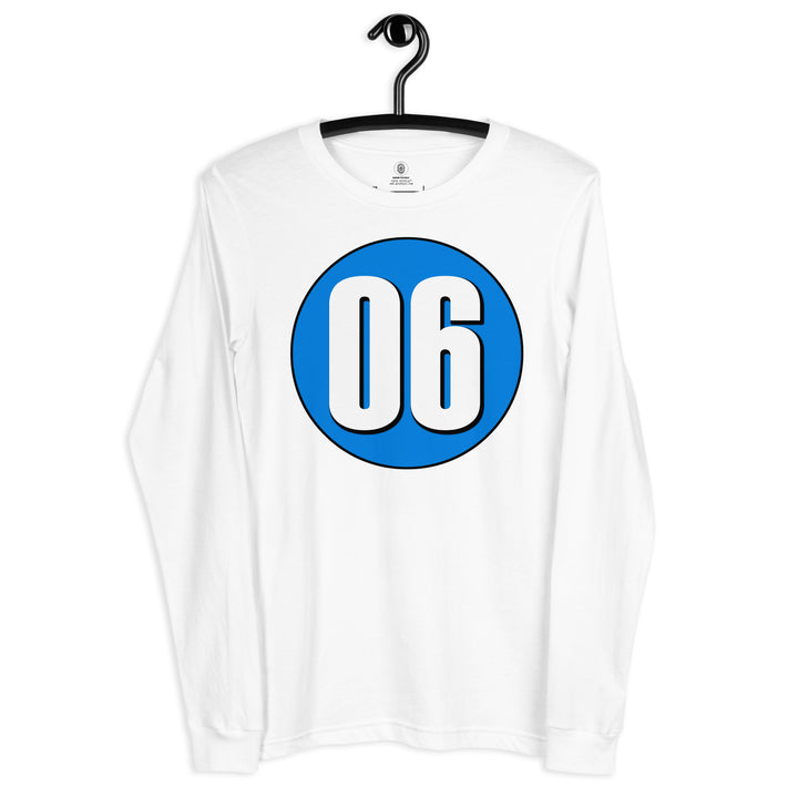 Unisex Long Sleeve Tee: White on Blue 06