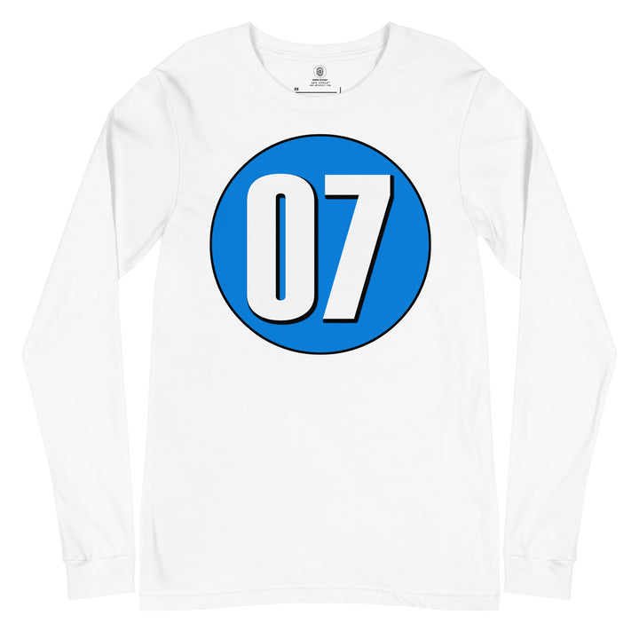 Unisex Long Sleeve Tee: White on Blue 07